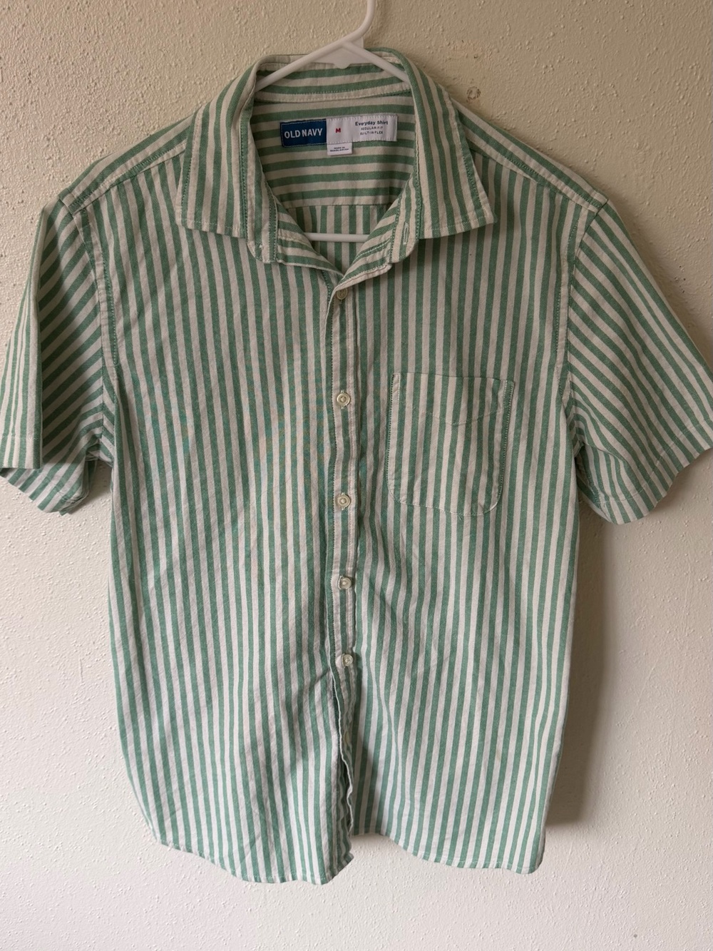Old Navy Green and White Vertical Stripe Short-Sleeve Button-Down Shirt